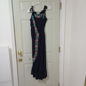 SILVIA SUAREZ Embroidered Wrap Dress With Adjustable Thin Straps, Blue, Size S